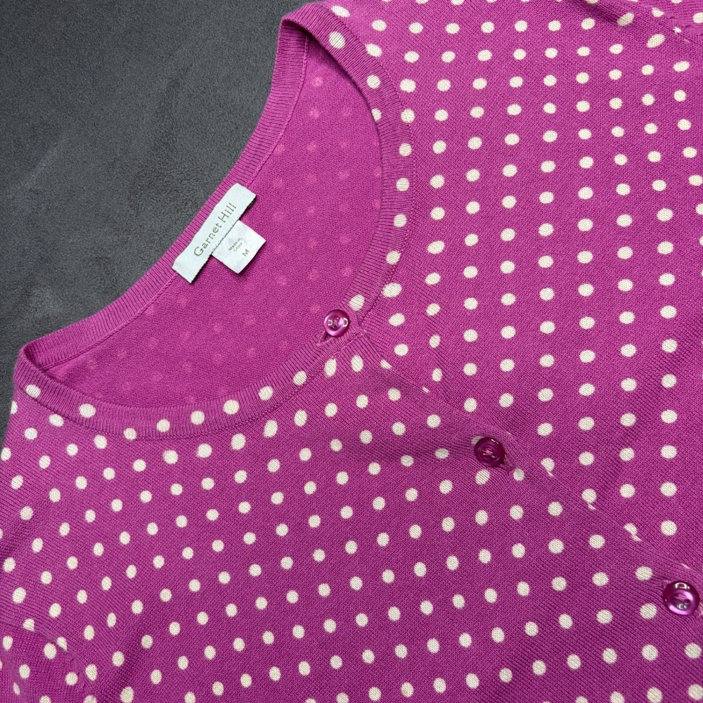 Garnet Hill Cardigan Womens Medium Pink Polka Dot 3/4 Sleeve Button Up Retro